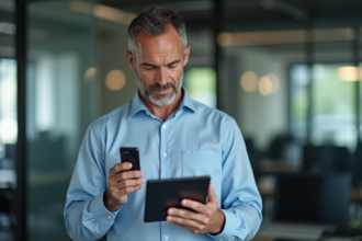 Homme d'affaires utilisant un GPS et une tablette en intérieur