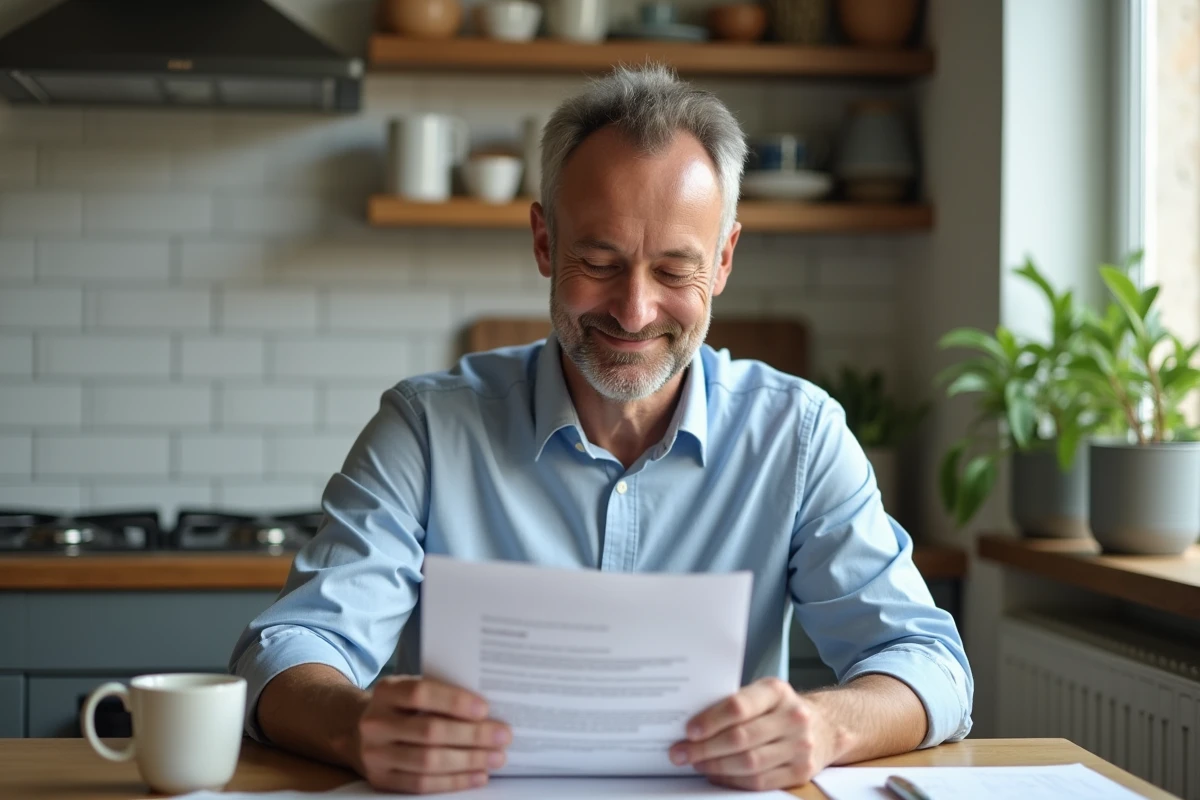 Homme examinant un document de location à la cuisine
