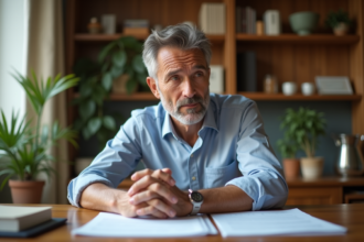 Homme d'âge moyen étudiant un contrat immobilier dans un appartement chaleureux