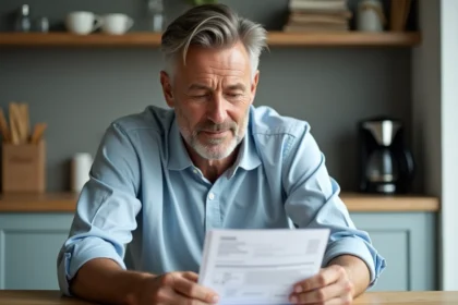 Homme d'âge moyen lisant une facture dans la cuisine