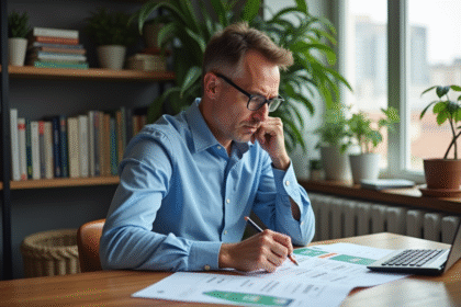 Homme d'âge moyen examinant documents immobiliers