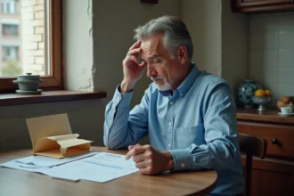 Homme d'âge moyen préoccupé par ses papiers dans la cuisine