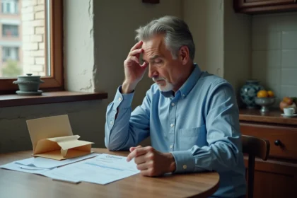 Homme d'âge moyen préoccupé par ses papiers dans la cuisine