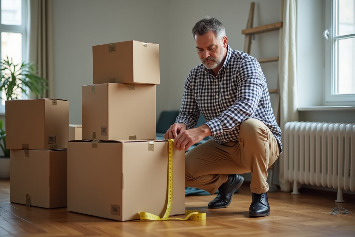 Homme mesurant un carton de déménagement dans un appartement en cours d