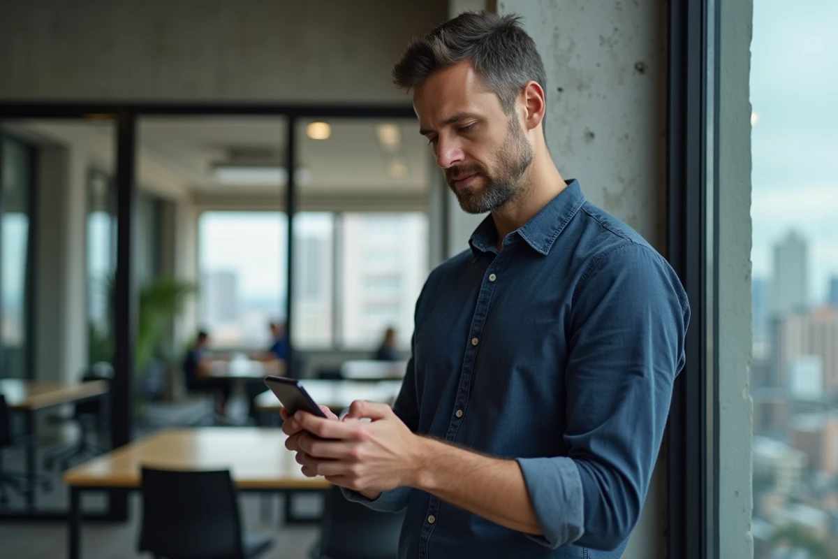Homme consultant son espace client MyFoncia sur smartphone dans un espace de coworking urbain