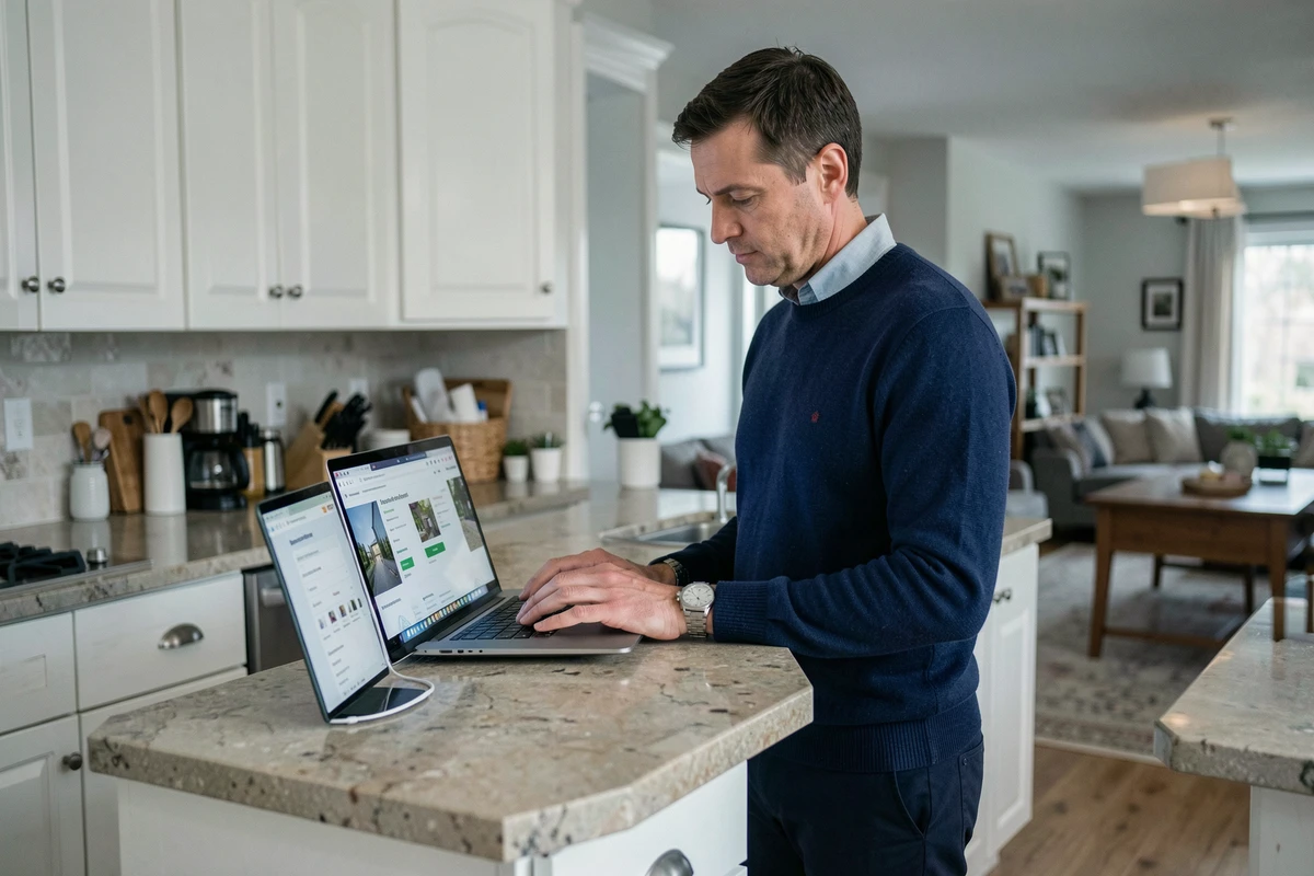 Homme consultant le portail en ligne du numéro ALIN pour sa demande de logement depuis chez lui