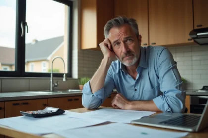 Homme pensif avec documents de mortgage dans une cuisine moderne