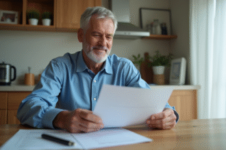Homme d'âge moyen examinant des documents dans une cuisine lumineuse