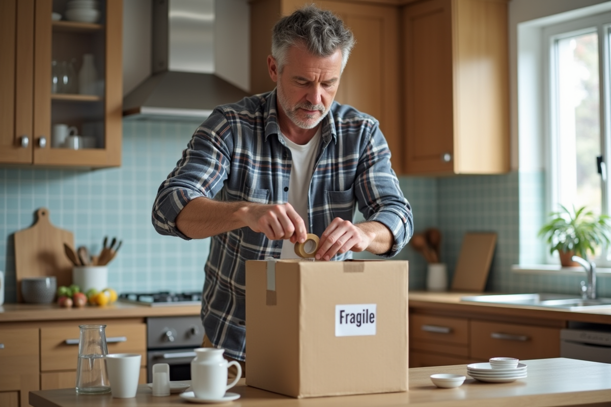 Homme scellant une boîte fragile dans une cuisine lumineuse