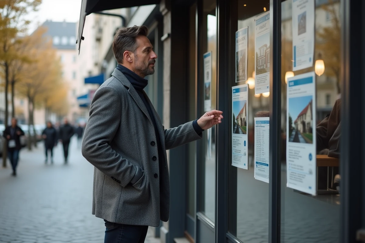 Homme seul devant une agence immobilière en France consultant des annonces de biens en vitrine