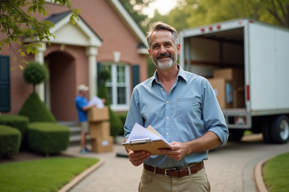 Homme surveillant le chargement d’un camion de déménagement devant une maison
