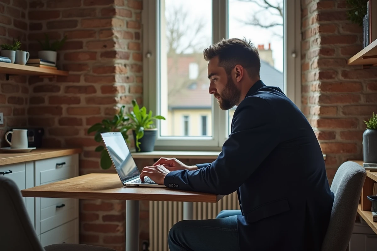 Homme travaillant sur son ordinateur dans une cuisine parisienne chaleureuse