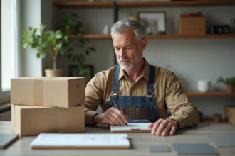 Homme en salopette note des chiffres devant des carreaux