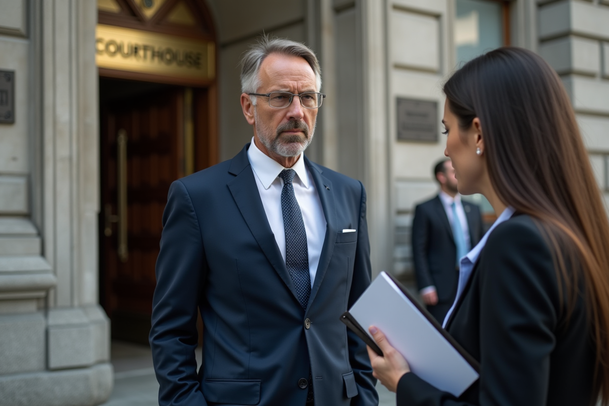 Homme daffaires parle avec une officier devant un tribunal en ville