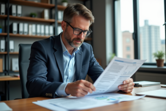 Homme d'affaires examinant un rapport immobilier dans un bureau