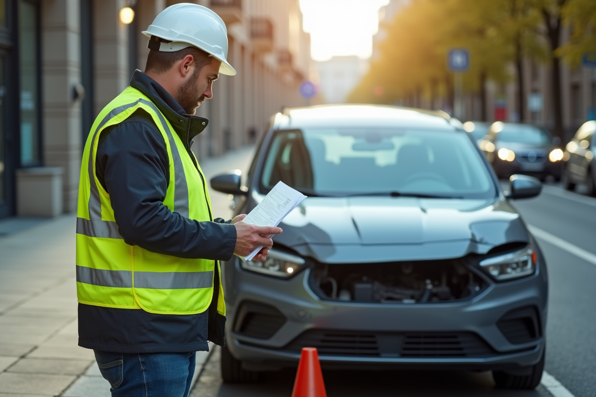 Homme professionnel inspectant une voiture endommagée