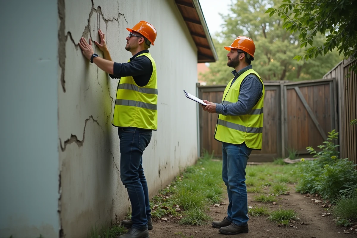 Ouvriers inspectant des fissures sur un mur mitoyen avant le début d'un chantier de construction