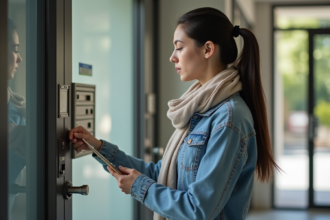 Jeune femme inspectant la porte d'entrée d'un immeuble