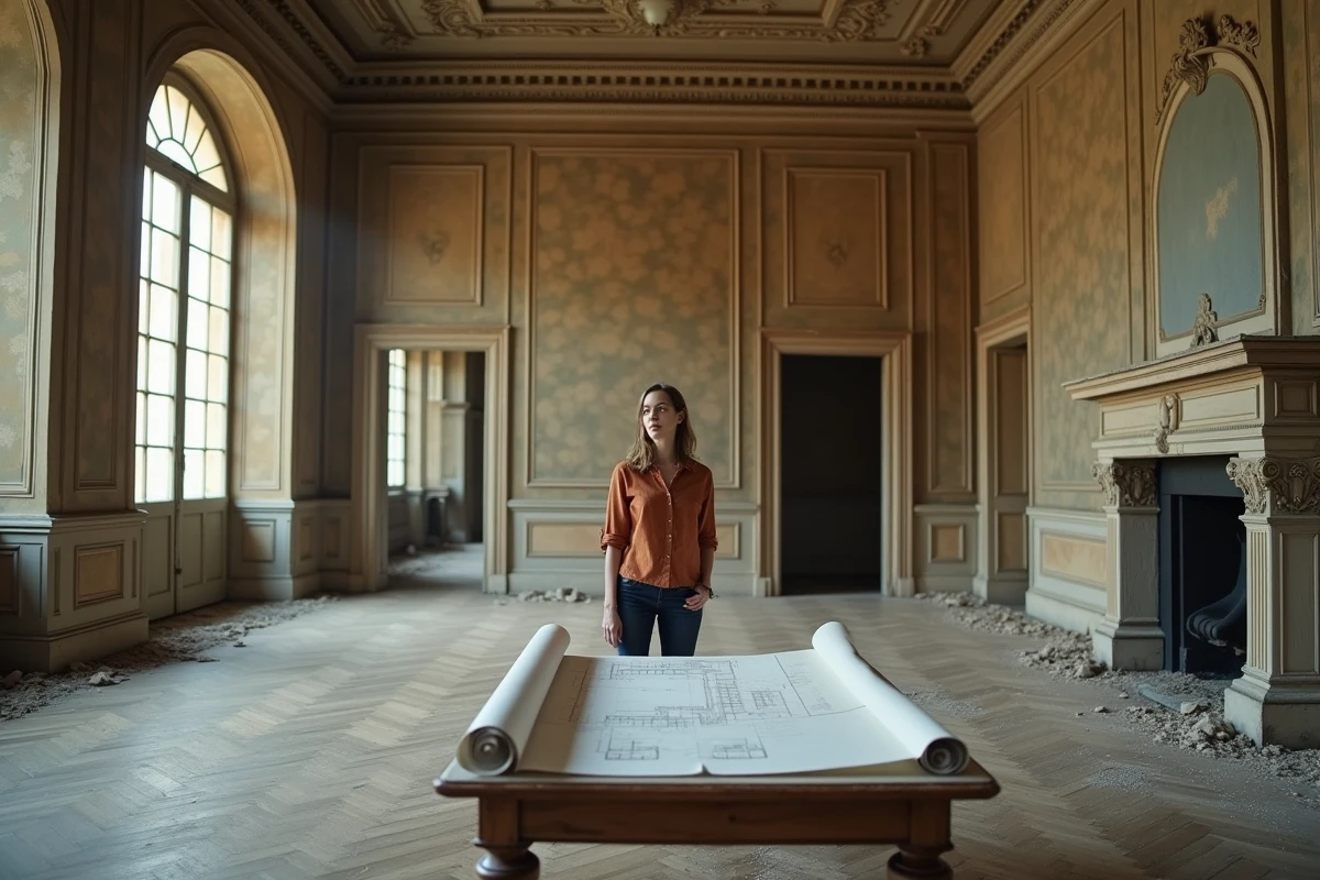 Femme consultant des plans architecturaux dans le grand hall délabré d'un château français abandonné à restaurer