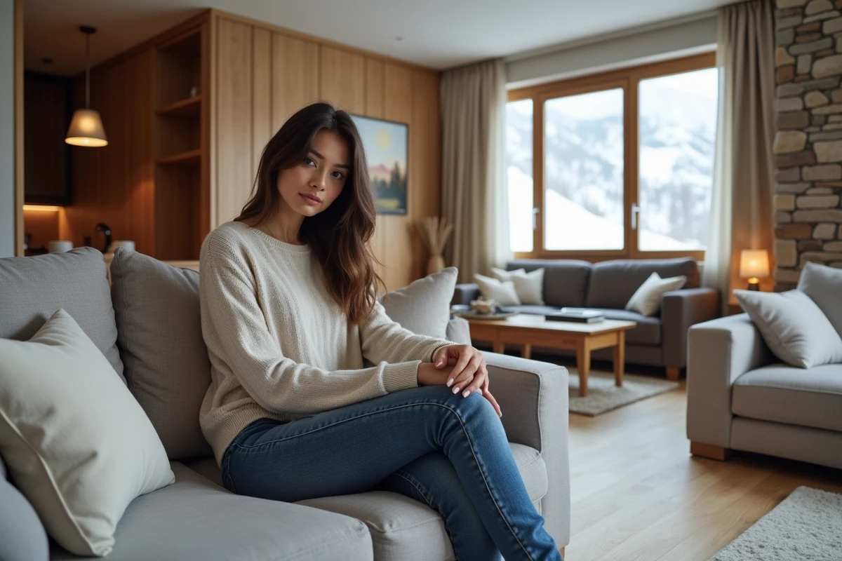Jeune femme dans appartement luxe avec vue sur montagnes