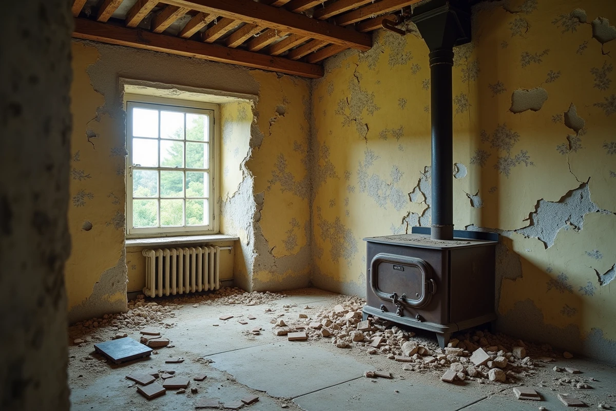 Intérieur délabré d'une maison abandonnée en France avec plafond effondré et vieux poêle rouillé