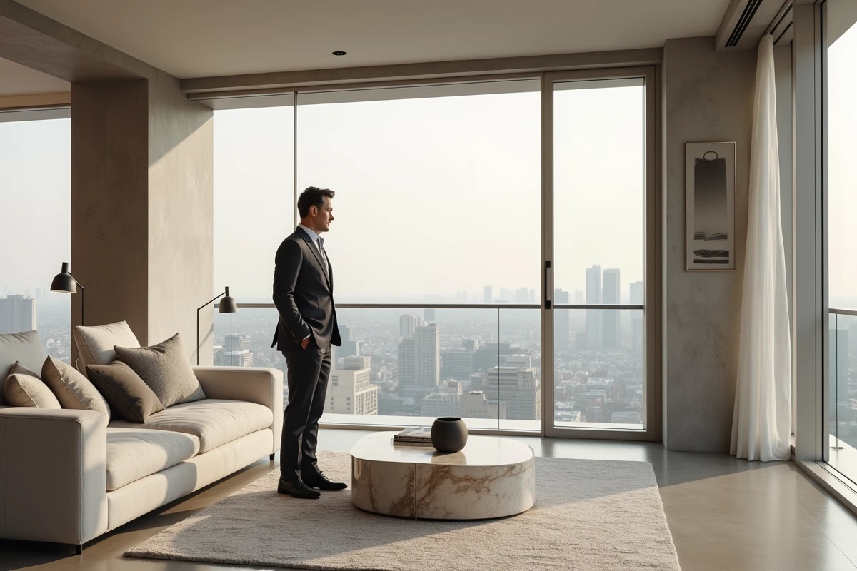 Intérieur luxueux d'un penthouse avec hauteur sous plafond et grandes baies vitrées donnant sur la ville