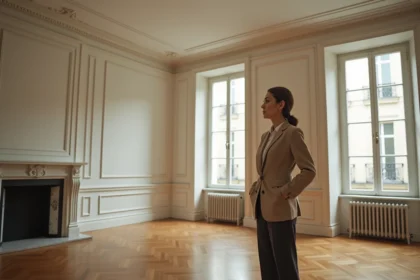 Femme évaluant un appartement haussmannien parisien avec moulures et parquet en chevron d'époque