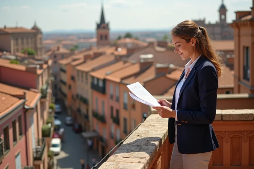 Investisseuse immobilière étudiant des documents sur un balcon avec vue sur les toits en brique rose du quartier Carmes à Toulouse