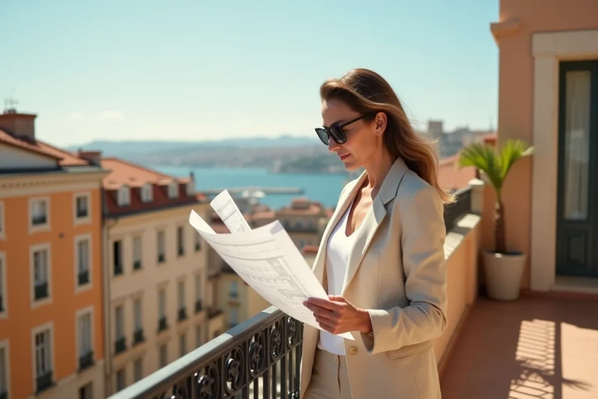 Investisseuse immobilière sur une terrasse dans un quartier chic de Marseille avec vue sur la mer