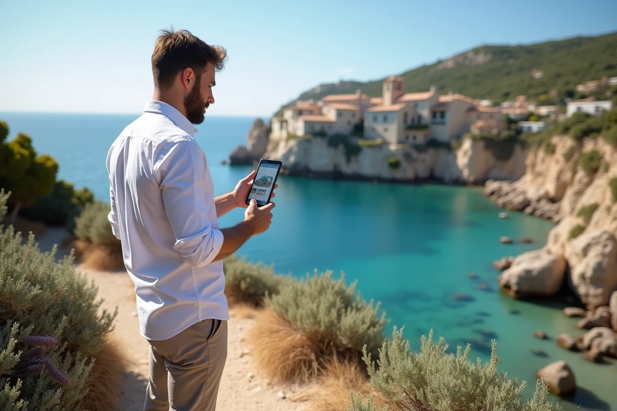 Homme consultant des annonces immobilières sur le littoral varois face à des villas en bord de mer