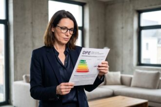 Investisseuse immobilière examinant un certificat de performance énergétique DPE dans un appartement rénové