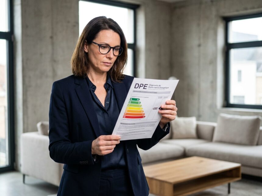Investisseuse immobilière examinant un certificat de performance énergétique DPE dans un appartement rénové