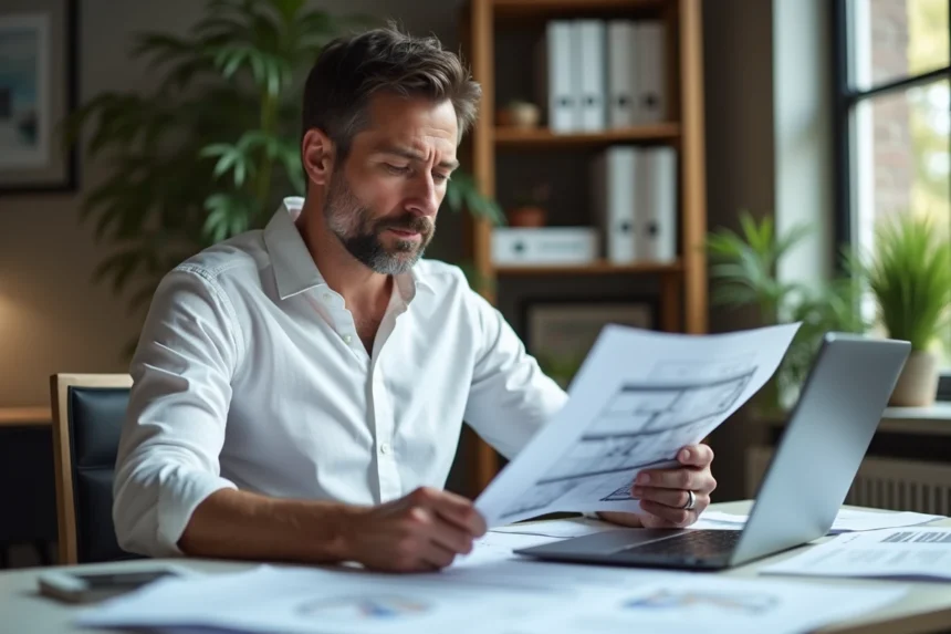 Investisseur immobilier analysant des plans et documents financiers d'un studio bis dans son bureau à domicile