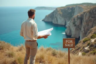 Investisseur immobilier examinant un terrain à vendre en bord de mer sur la côte française