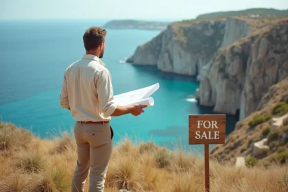 Investisseur immobilier examinant un terrain à vendre en bord de mer sur la côte française