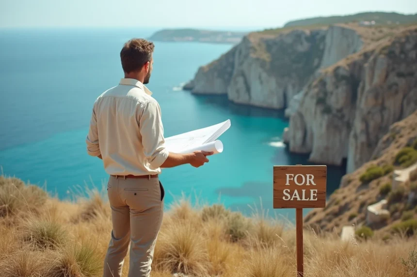 Investisseur immobilier examinant un terrain à vendre en bord de mer sur la côte française