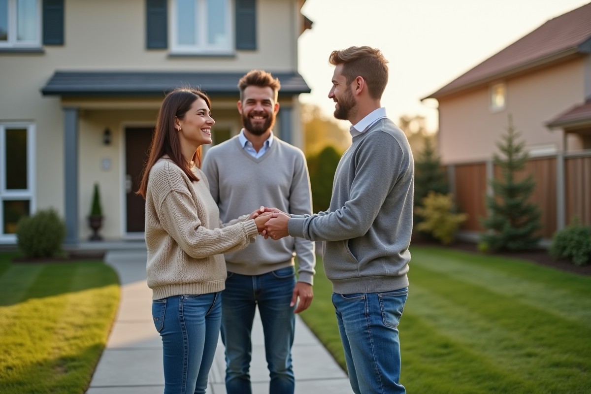 Jeune couple échangeant des clés devant une maison de banlieue
