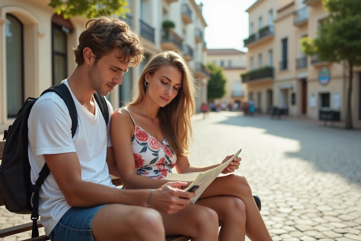 Jeune couple avec carte dans square de Fréjus