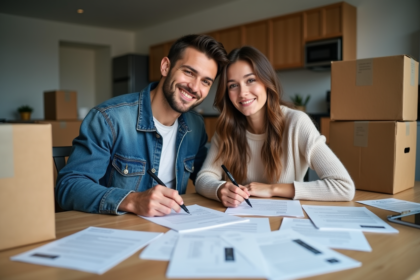 Jeune couple en pleine signature de papiers de demenagement