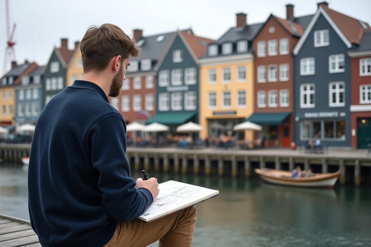 Jeune homme dessinant la ville depuis un banc au bord de l