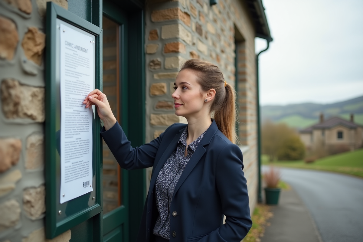 Jeune femme municipale affichant un avis officiel devant la mairie