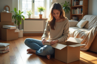 Jeune femme emballant des livres dans une pièce lumineuse