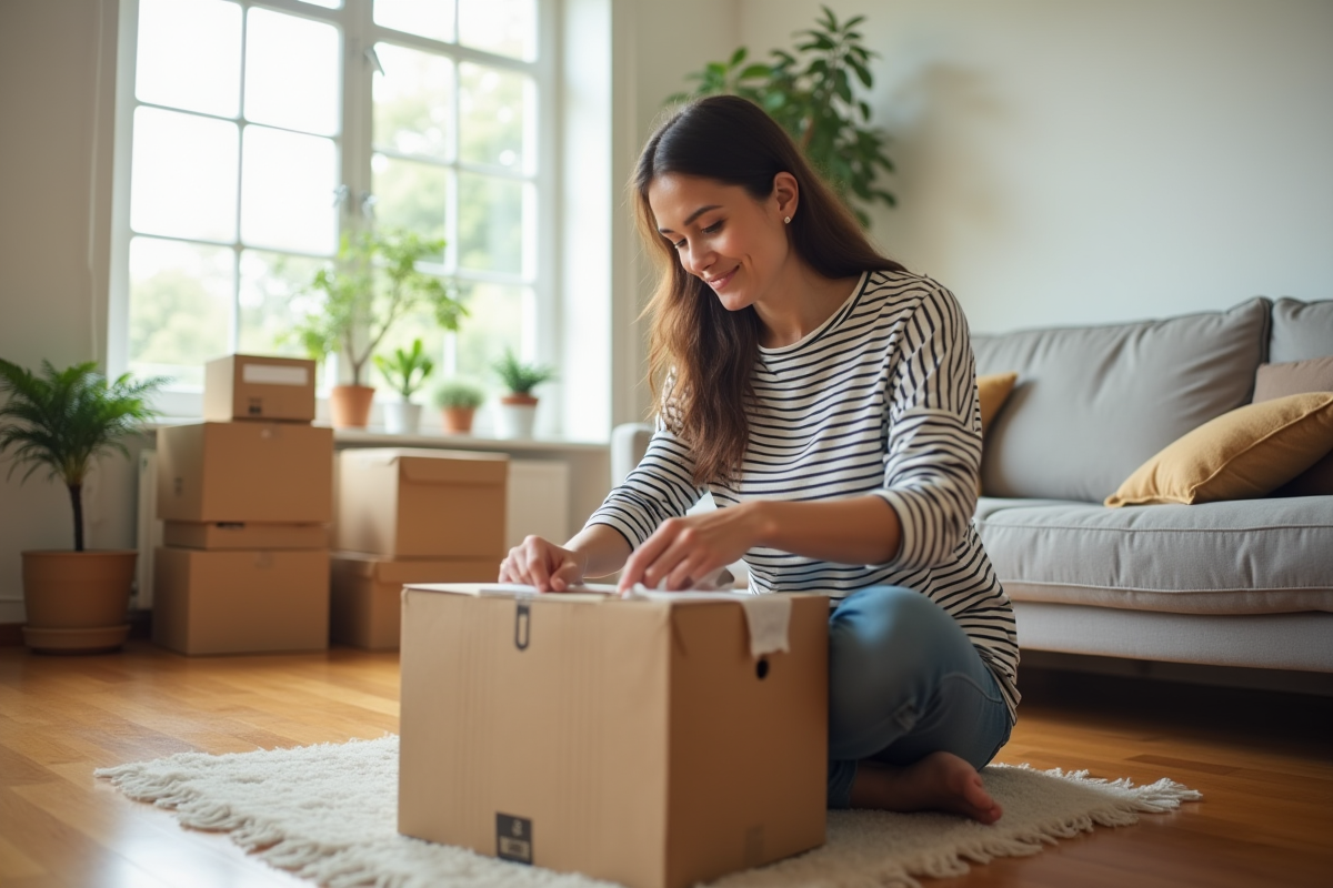 Jeune femme emballant une caisse en carton dans un appartement lumineux