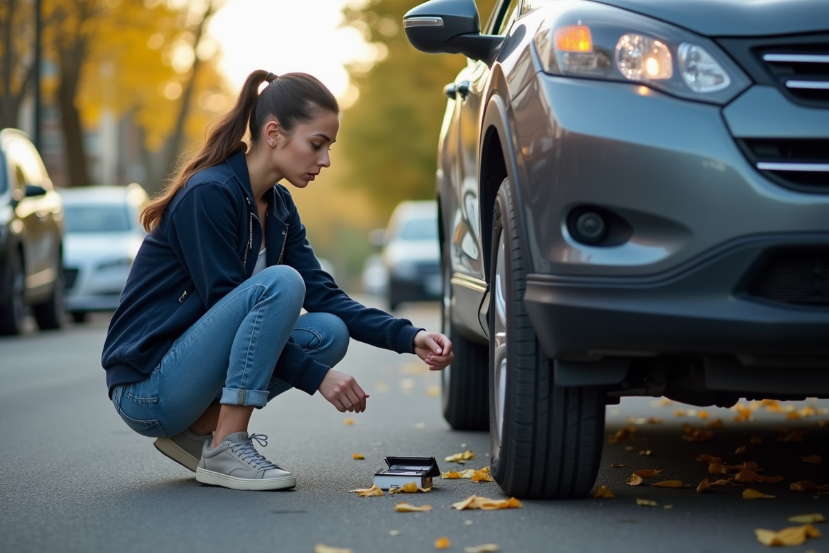 Jeune femme attachant un traceur sous une voiture dans la rue