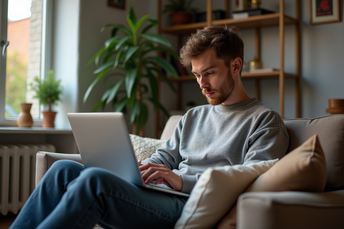Jeune homme sur canapé soumettant une demande logement en ligne