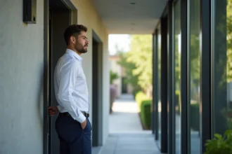Jeune homme devant une entrée d'appartement moderne