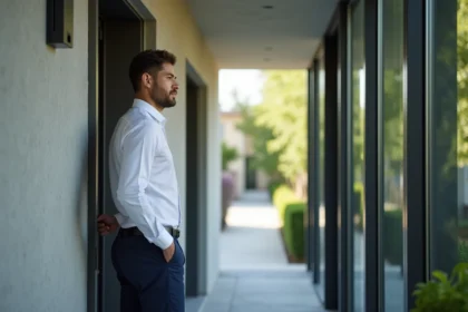 Jeune homme devant une entrée d'appartement moderne