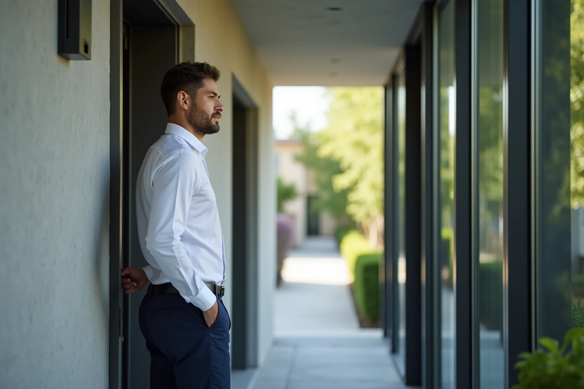Jeune homme devant une entrée d'appartement moderne