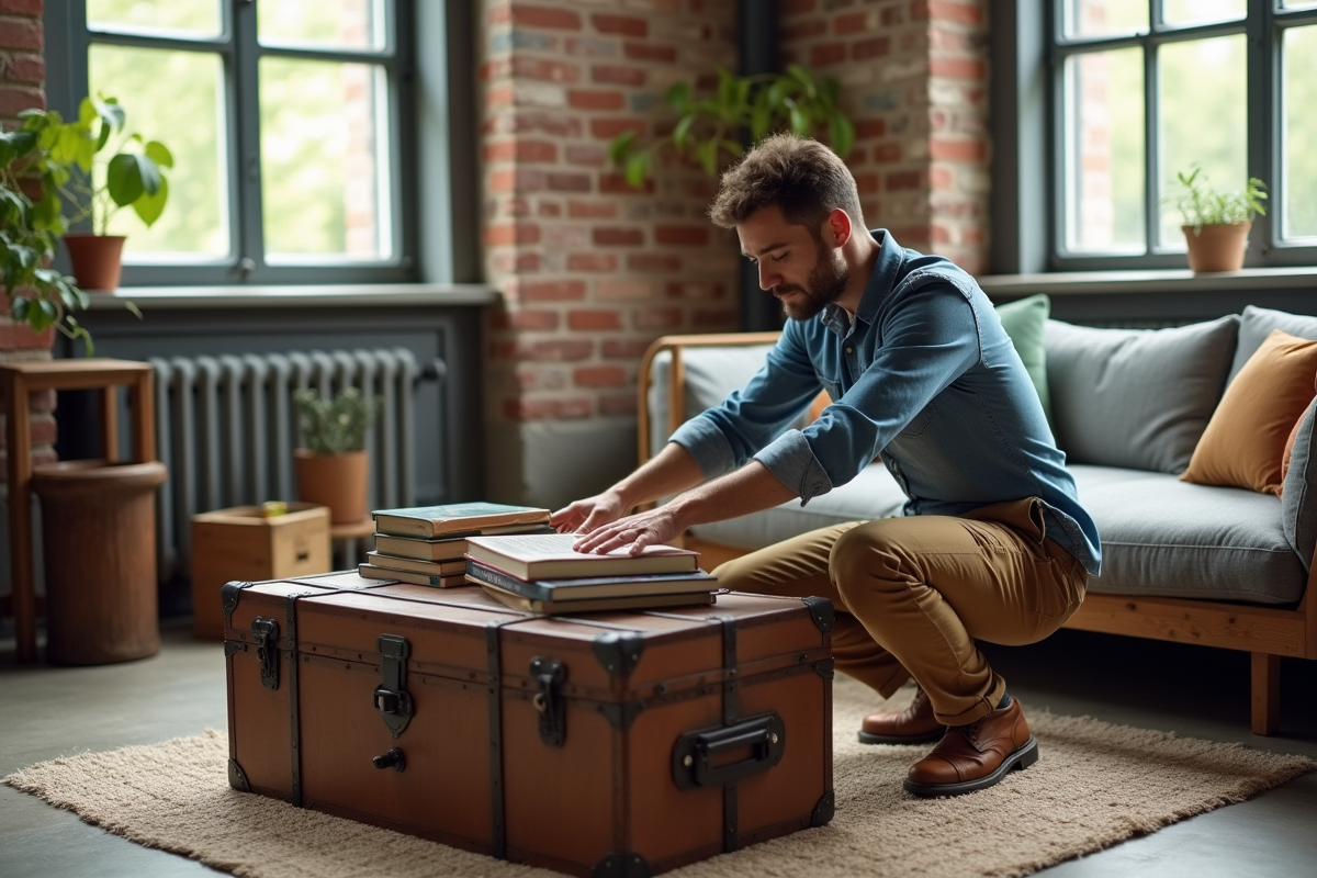 Jeune homme arrangeant une maleta vintage dans un loft urbain
