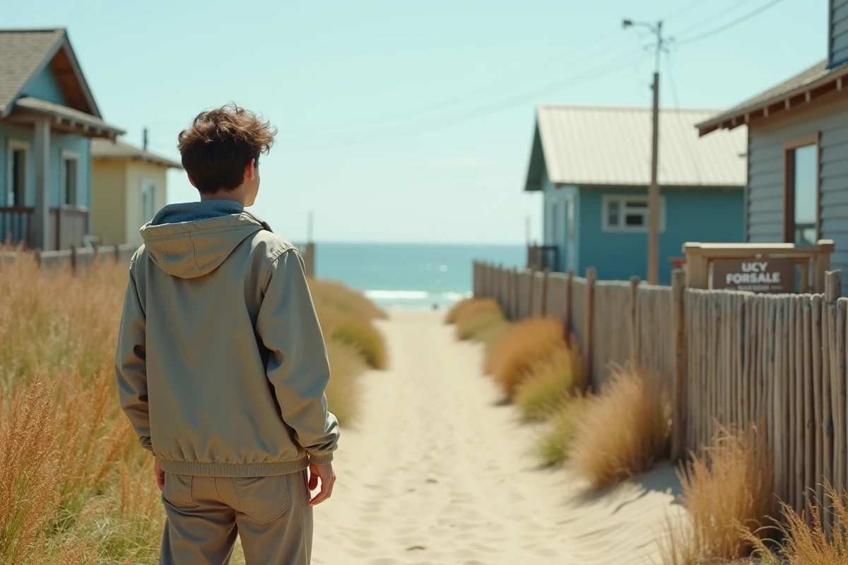 Jeune homme regardant une annonce de vente devant une maison de plage